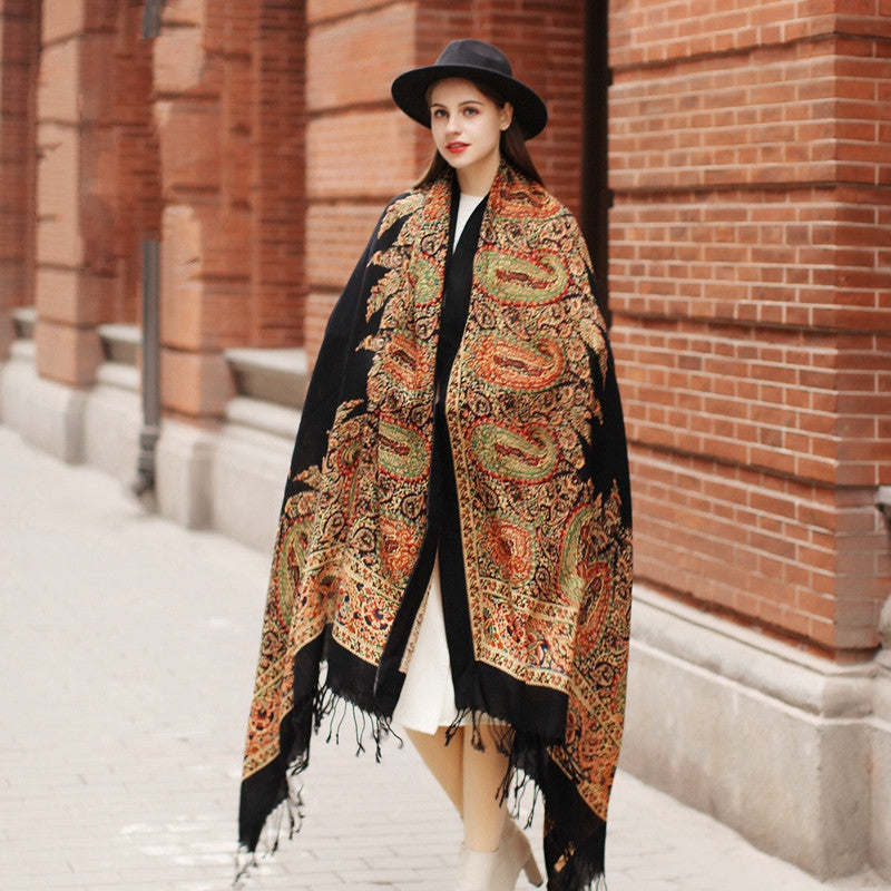 Women's Multi-use Cape - Oversized Shawl for Spring and Autumn - Multifunctional Ethnic Elegance in Timeless Black with Plants and Flowers Pattern - FlaxLin Eco Textiles