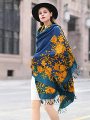 Women's Pure Wool Scarf - Multifunctional Ethnic Elegance in Captivating Blue with Plants and Flowers Pattern - FlaxLin Eco Textiles