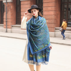 Blue Wool Cape: Thick Spring and Autumn Oversized Shawl - Ethnic Style - FlaxLin Eco Textiles