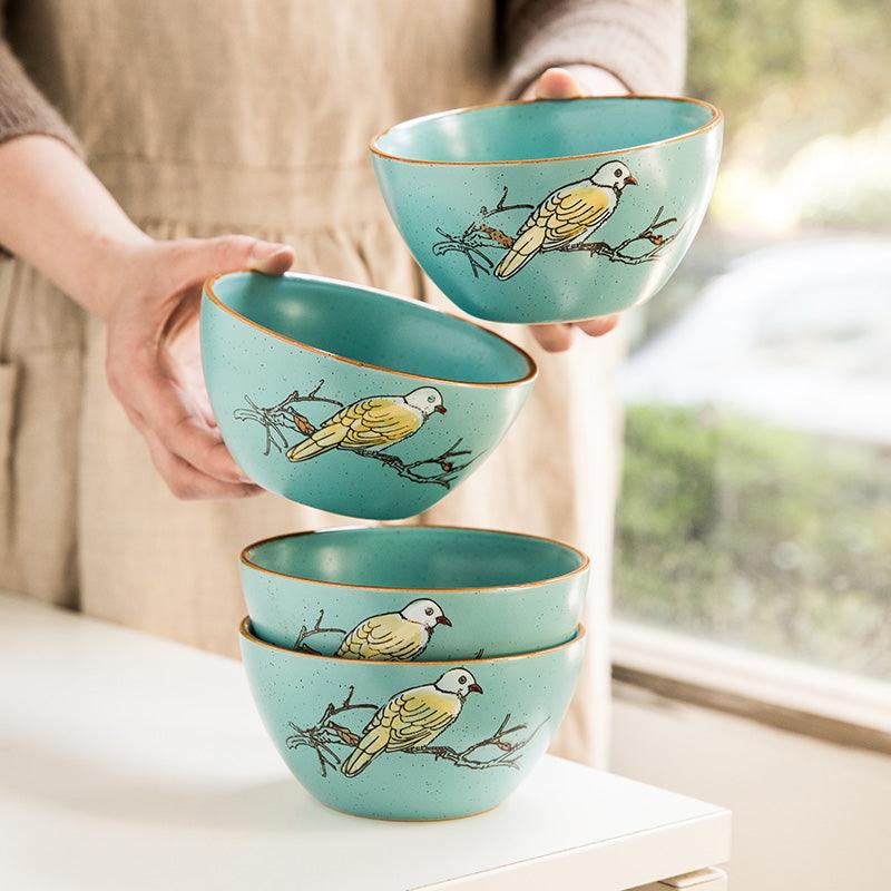 Chinese Elegance: Hand-Painted Bird Bowl Set (4 pcs) - FlaxLin Eco Textiles