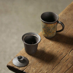 Japanese-Style Rock Mine Handmade Ceramic Tea Cup with Lid - Retro Porcelain Elegance -  - FlaxLin Eco Textiles