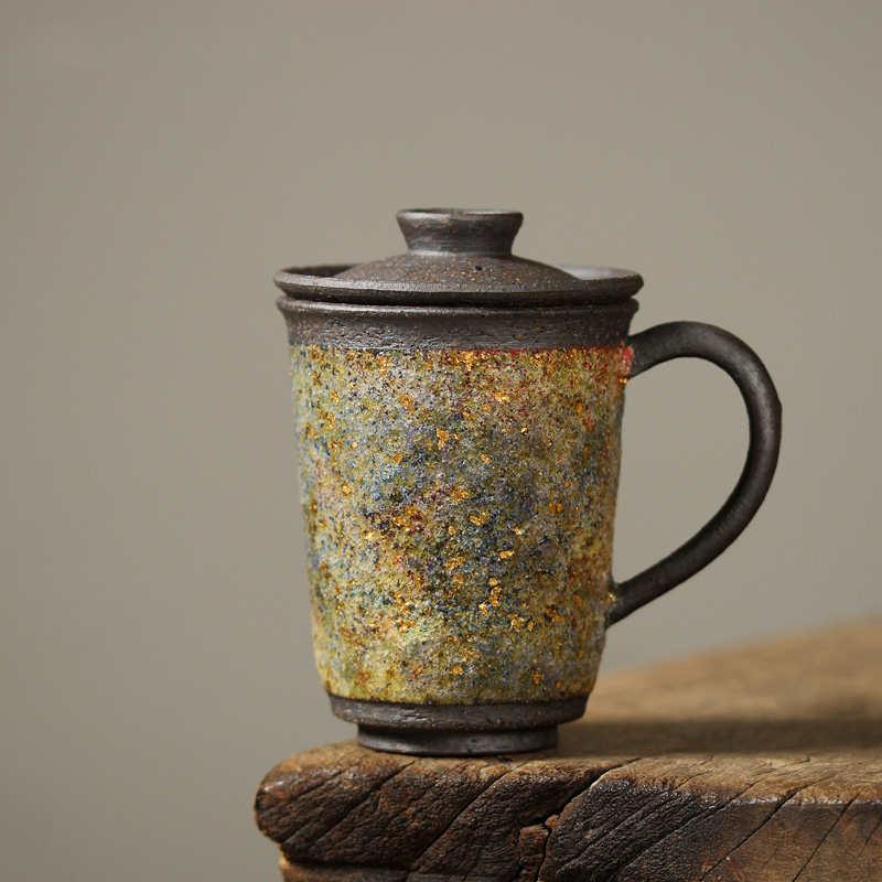 Japanese-Style Rock Mine Handmade Ceramic Tea Cup with Lid - Retro Porcelain Elegance -  - FlaxLin Eco Textiles