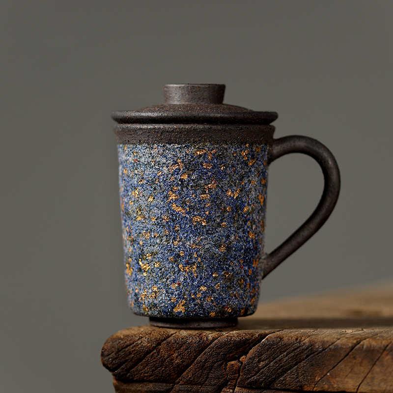 Japanese-Style Rock Mine Handmade Ceramic Tea Cup with Lid - Retro Porcelain Elegance -  - FlaxLin Eco Textiles