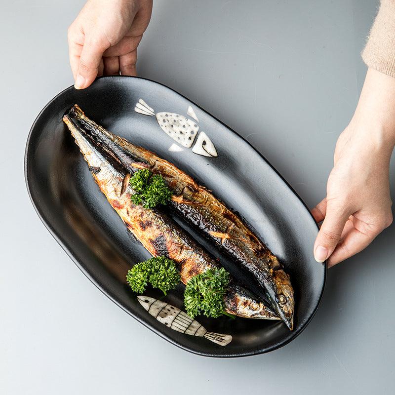 Majestic Marine Elegance: Japanese-style Hand-painted Large Fish Plate - FlaxLin Eco Textiles