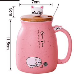 Whimsical Cat Ceramic Mug Set - 450ml with Lid & Spoon - FlaxLin Eco Textiles