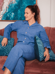 Blue Classic Soft Linen Pyjama Set Unisex - label, Pajama - FlaxLin Eco Textiles